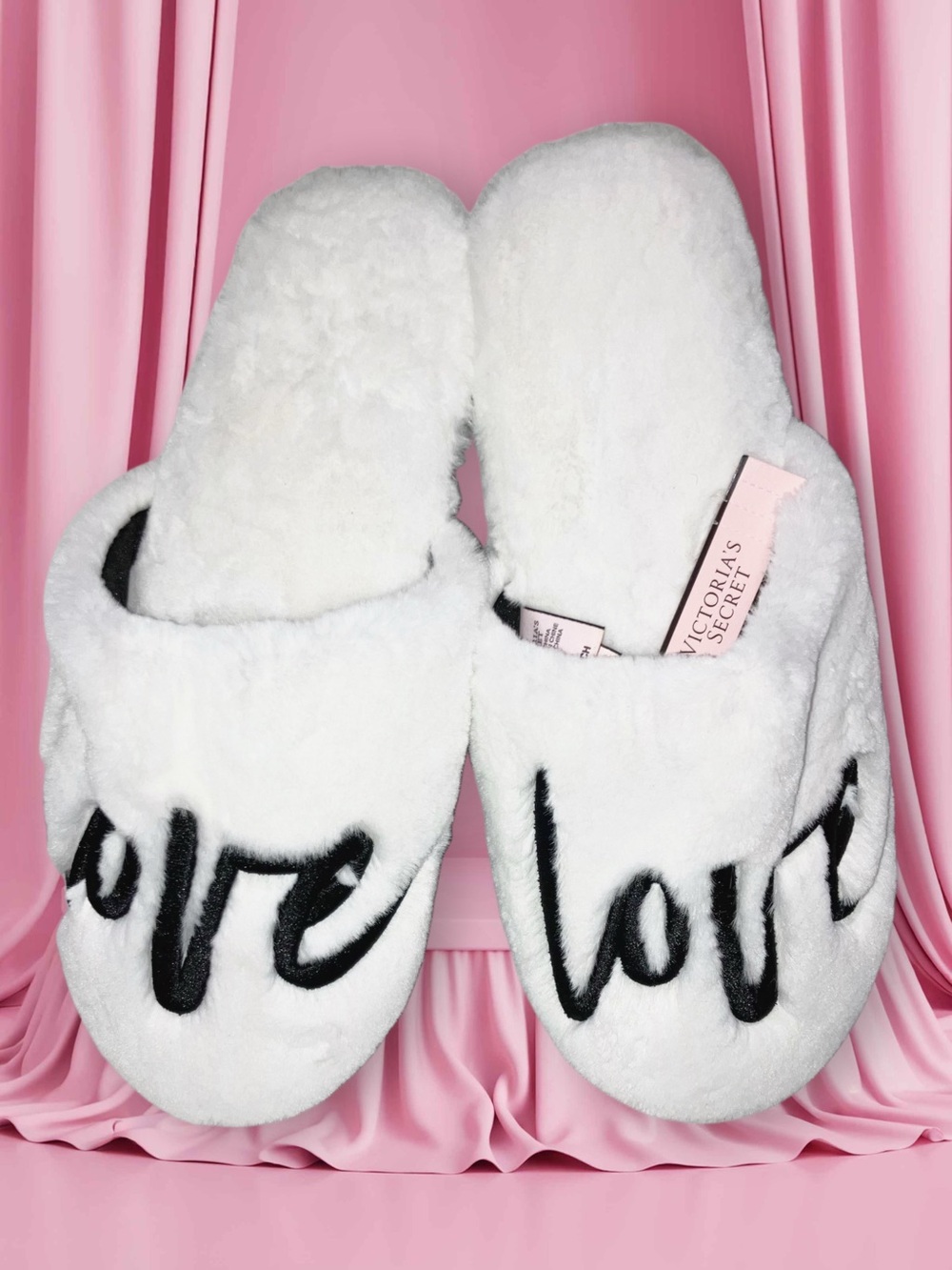 Victorias Secret Black White Love Fur Slipper S 5 6 NWT Christmas Gift Holiday